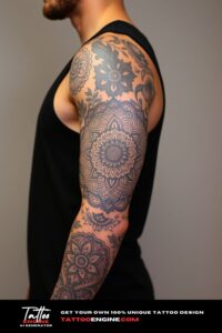 Mandala full sleeve tattoo, full sleeve of a man, wearing black tank top, side view, high quality, detailed