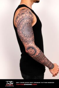 Mandala full sleeve tattoo, full sleeve of a man, wearing black tank top, side view, high quality, detailed