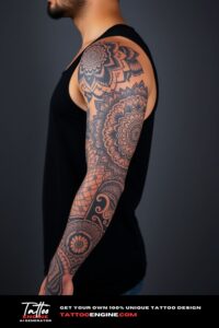 Mandala full sleeve tattoo, full sleeve of a man, wearing black tank top, side view, high quality, detailed