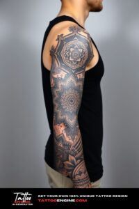 Mandala full sleeve tattoo, full sleeve of a man, wearing black tank top, side view, high quality, detailed