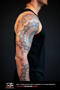 Mandala full sleeve tattoo, full sleeve of a man, wearing black tank top, side view, high quality, detailed