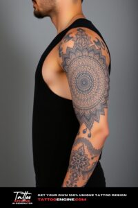 Mandala full sleeve tattoo, full sleeve of a man, wearing black tank top, side view, high quality, detailed