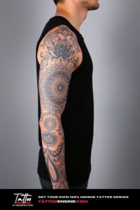 Mandala full sleeve tattoo, full sleeve of a man, wearing black tank top, side view, high quality, detailed