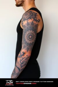 Mandala full sleeve tattoo, full sleeve of a man, wearing black tank top, side view, high quality, detailed