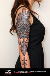 Mandala half sleeve tattoo, half sleeve of a woman, wearing dress, side view, high quality, detailed