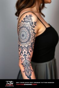 Mandala half sleeve tattoo, half sleeve of a woman, wearing dress, side view, high quality, detailed