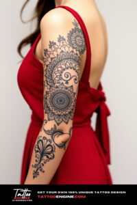 Mandala half sleeve tattoo, half sleeve of a woman, wearing dress, side view, high quality, detailed