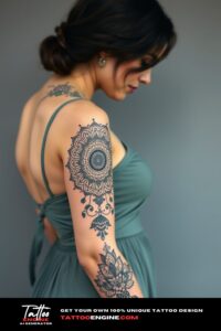 Mandala half sleeve tattoo, half sleeve of a woman, wearing dress, side view, high quality, detailed