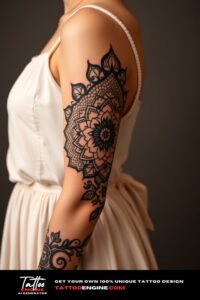 Mandala half sleeve tattoo, half sleeve of a woman, wearing dress, side view, high quality, detailed