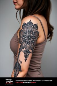 Mandala half sleeve tattoo, half sleeve of a woman, wearing tank top, side view, high quality, detailed