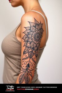 Mandala half sleeve tattoo, half sleeve of a woman, wearing tank top, side view, high quality, detailed