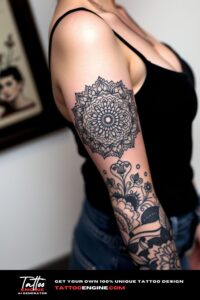 Mandala half sleeve tattoo, half sleeve of a woman, wearing tank top, side view, high quality, detailed