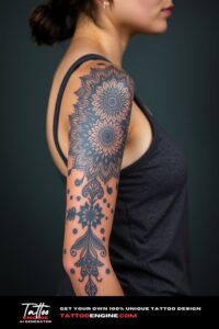 Mandala half sleeve tattoo, half sleeve of a woman, wearing tank top, side view, high quality, detailed