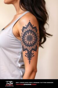 Mandala half sleeve tattoo, half sleeve of a woman, wearing tank top, side view, high quality, detailed