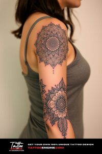 Mandala half sleeve tattoo, half sleeve of a woman, wearing tank top, side view, high quality, detailed