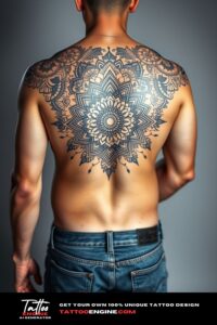 Mandala tattoo, filling all back of a man, back view, wearing jeans, studio light, high quality, detailed