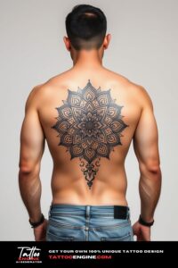 Mandala tattoo, filling all back of a man, back view, wearing jeans, studio light, high quality, detailed