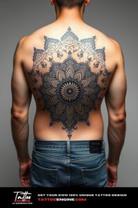 Mandala tattoo, filling all back of a man, back view, wearing jeans, studio light, high quality, detailed