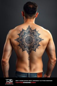 Mandala tattoo, filling all back of a man, back view, wearing jeans, studio light, high quality, detailed