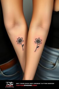 Matching small flower tattoo for two, on each arm of two women side by side, front view, studio light, high quality, detailed