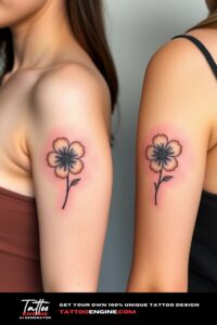 Matching small flower tattoo for two, on each arm of two women side by side, front view, studio light, high quality, detailed