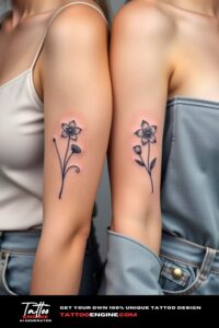 Matching small flower tattoo for two, on each arm of two women side by side, front view, studio light, high quality, detailed