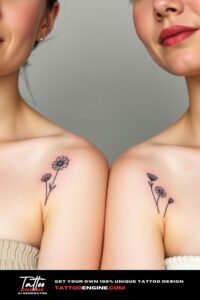 Matching small flower tattoo for two, on each arm of two women side by side, front view, studio light, high quality, detailed