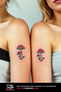 Matching small kawaii mushroom tattoo for two, on each arm of two women side by side, front view, studio light, high quality, detailed