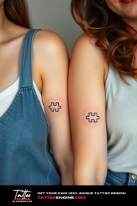 Matching small minimalist puzzle piece tattoo for two, on each arm of two women side by side, front view, studio light, high quality, detailed