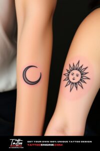 Matching small moon sun tattoo for two, one arm moon, one arm sun, on each arm of two women side by side, front view, studio light, high quality, detailed