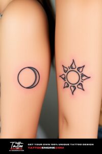 Matching small moon sun tattoo for two, one arm moon, one arm sun, on each arm of two women side by side, front view, studio light, high quality, detailed