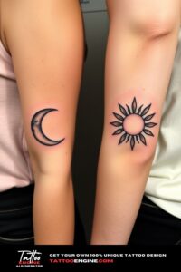 Matching small moon sun tattoo for two, one arm moon, one arm sun, on each arm of two women side by side, front view, studio light, high quality, detailed