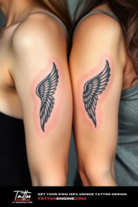 Matching small wing tattoo for two, on each arm of two women side by side, front view, studio light, high quality, detailed