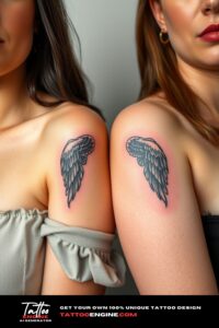 Matching small wing tattoo for two, on each arm of two women side by side, front view, studio light, high quality, detailed