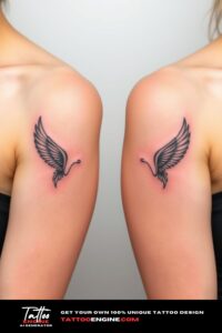 Matching small wing tattoo for two, on each arm of two women side by side, front view, studio light, high quality, detailed