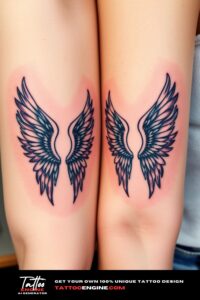 Matching small wings tattoo for two, on each arm of two women side by side, front view, studio light, high quality, detailed