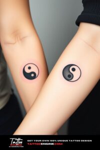 Matching small ying yang tattoo for two, one arm ying, one arm yang, on each arm of two women side by side, front view, studio light, high quality, detailed