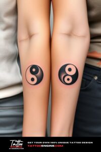 Matching small ying yang tattoo for two, one arm ying, one arm yang, on each arm of two women side by side, front view, studio light, high quality, detailed