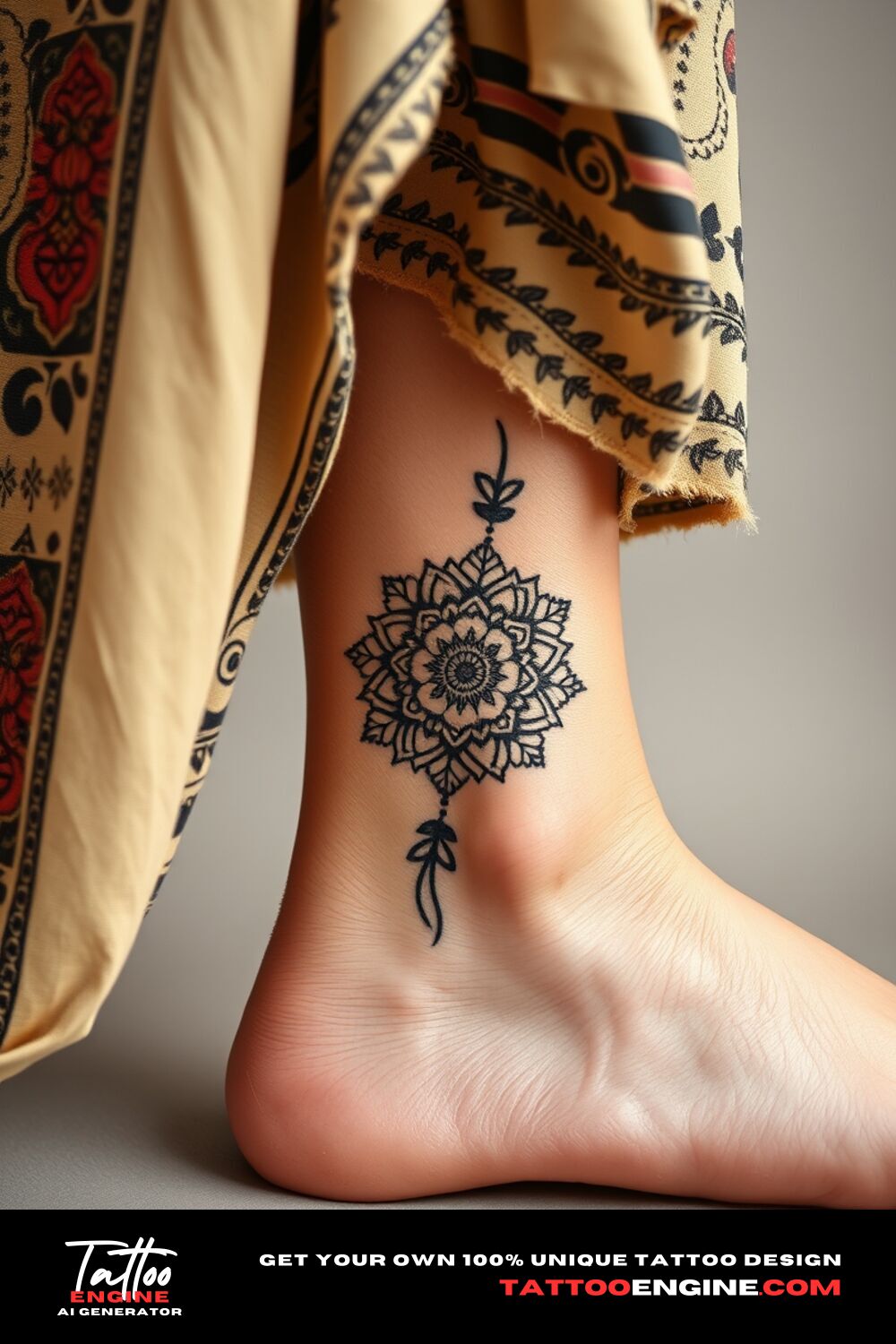 Minimalist boho mandala paired with flowers tattoo, on ankle of a woman with a bohemian dress, side view, high quality, detailed