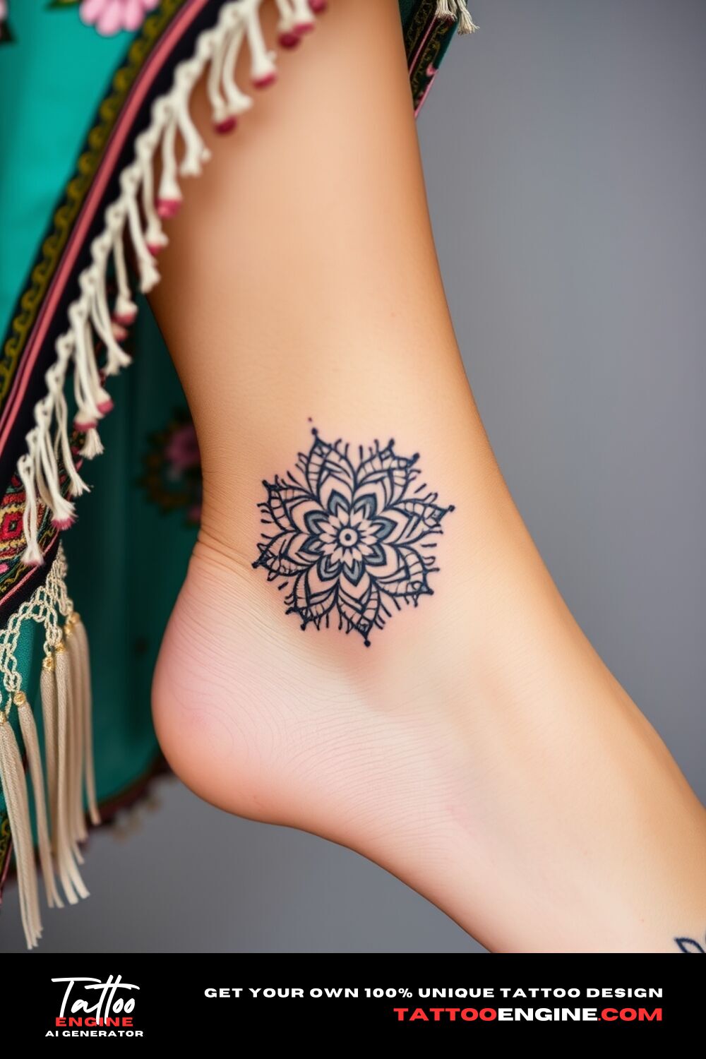 Minimalist boho mandala paired with flowers tattoo, on ankle of a woman with a bohemian dress, side view, high quality, detailed