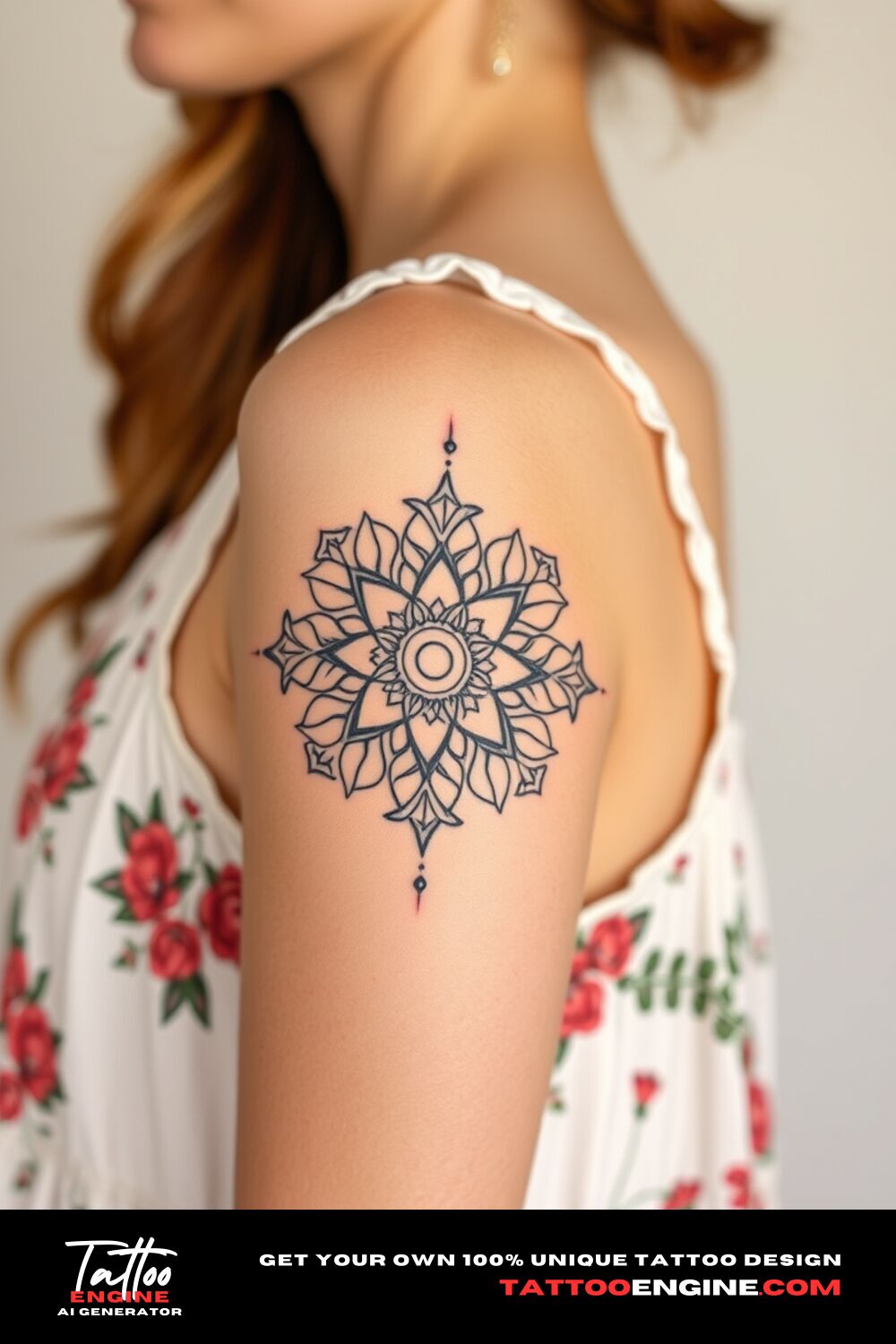 Minimalist boho mandala paired with flowers tattoo, on upper arm of a woman with a bohemian dress, side view, high quality, detailed