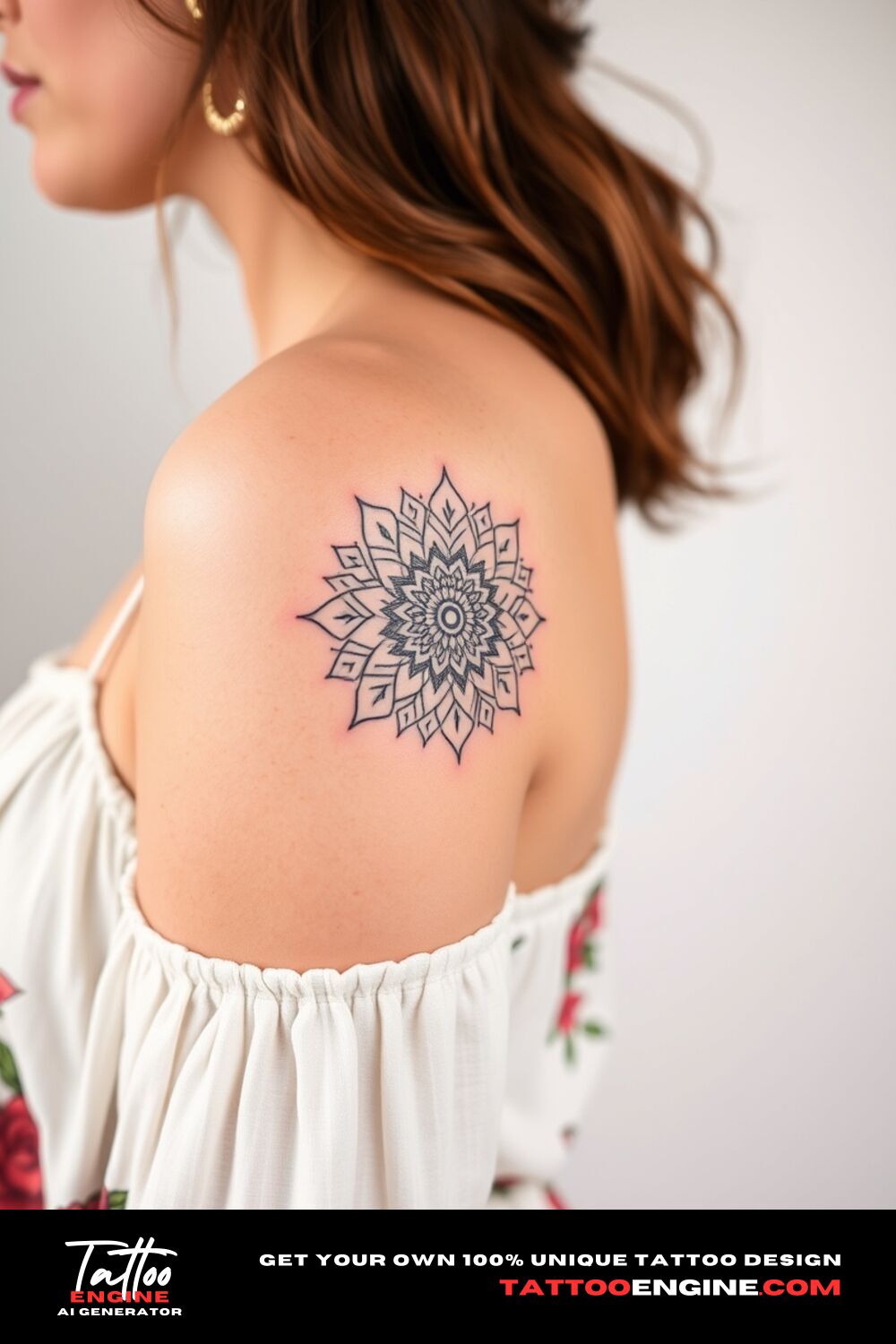 Minimalist boho mandala paired with flowers tattoo, on upper arm of a woman with a bohemian dress, side view, high quality, detailed