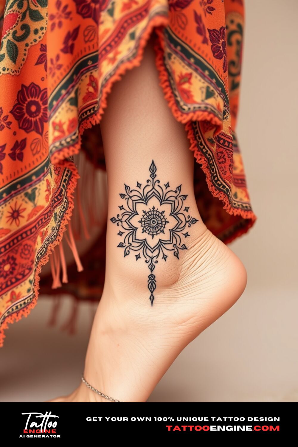 Minimalist boho mandala paired with flowers tattoo, on upper feet of a woman with a bohemian dress, side view, high quality, detailed