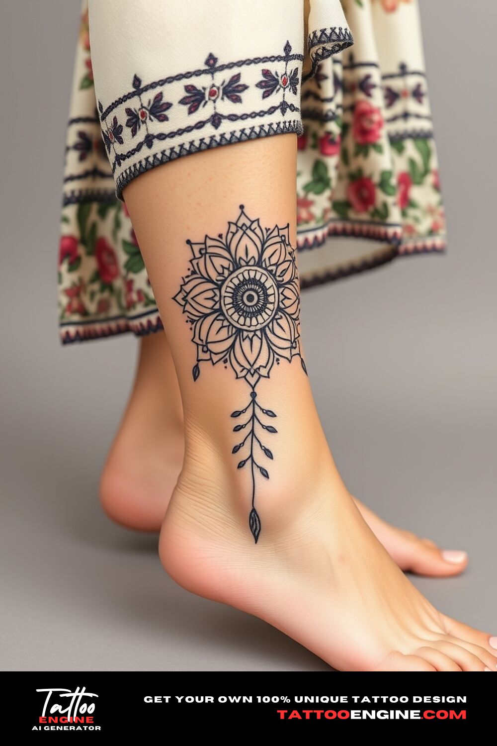 Minimalist boho mandala paired with flowers tattoo, on upper feet of a woman with a bohemian dress, side view, high quality, detailed