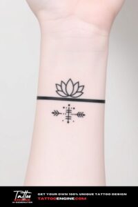 Minimalist bracelet tattoo, covering wrist of a woman, front view, high quality, detailed