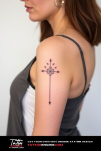 Minimalist half sleeve tattoo, on arm of a woman, wearing tank top, front view, high quality, detailed