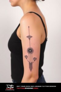 Minimalist motifs half sleeve tattoo, on arm of a woman, wearing tank top, side view, high quality, detailed