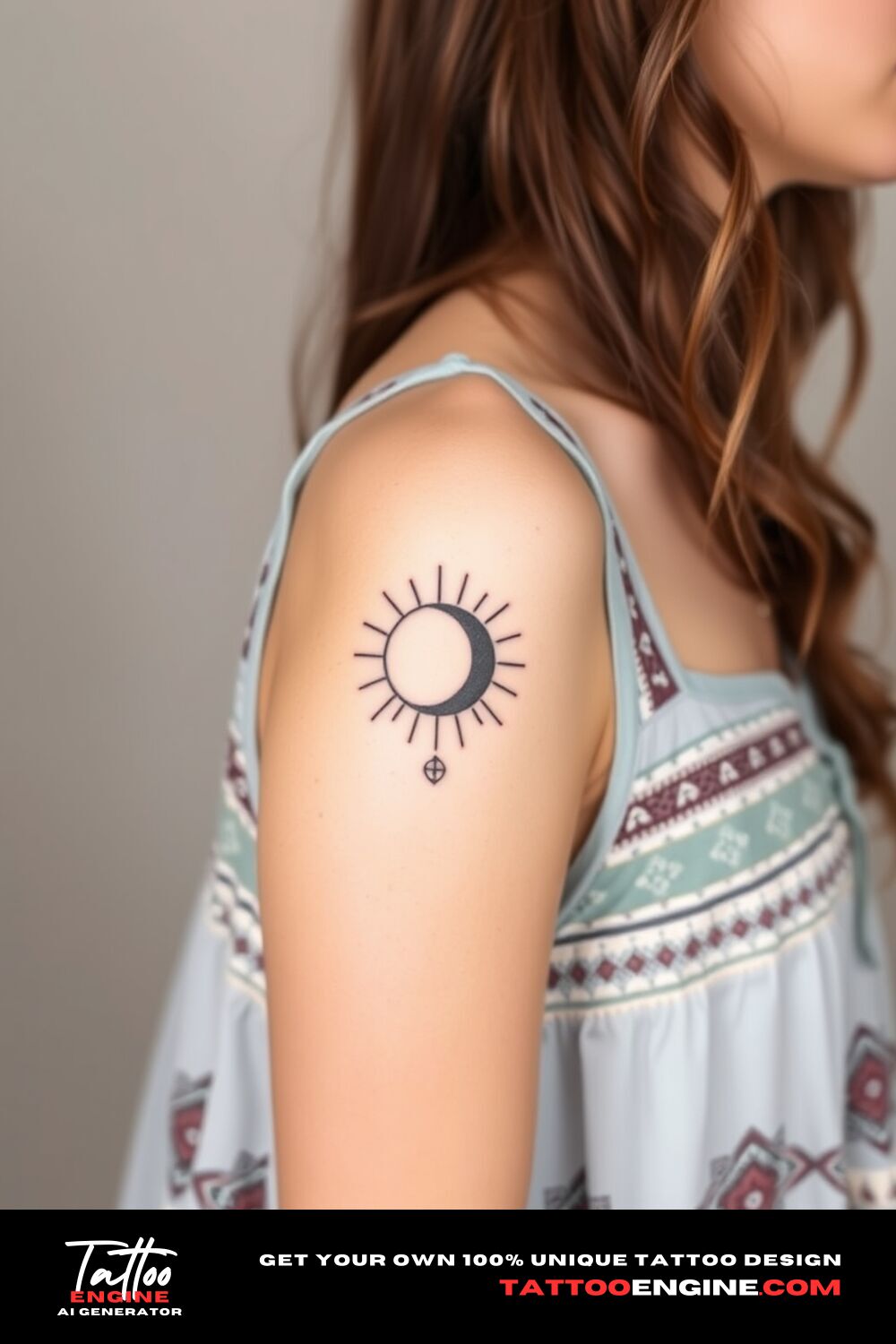 Minimalist sun and moon tattoo, on upper arm of a woman with a bohemian dress, side view, high quality, detailed