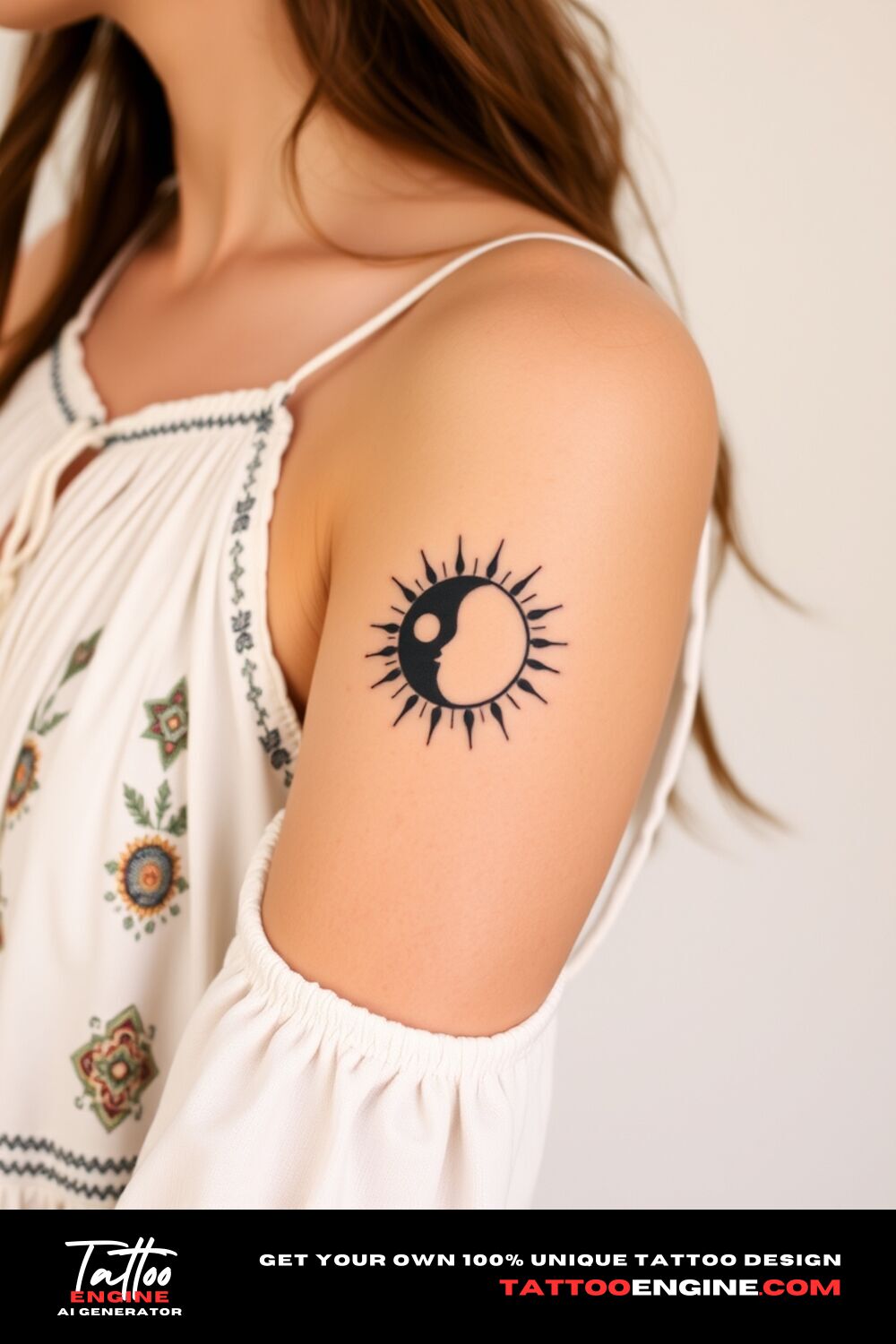 Minimalist sun and moon tattoo, on upper arm of a woman with a bohemian dress, side view, high quality, detailed