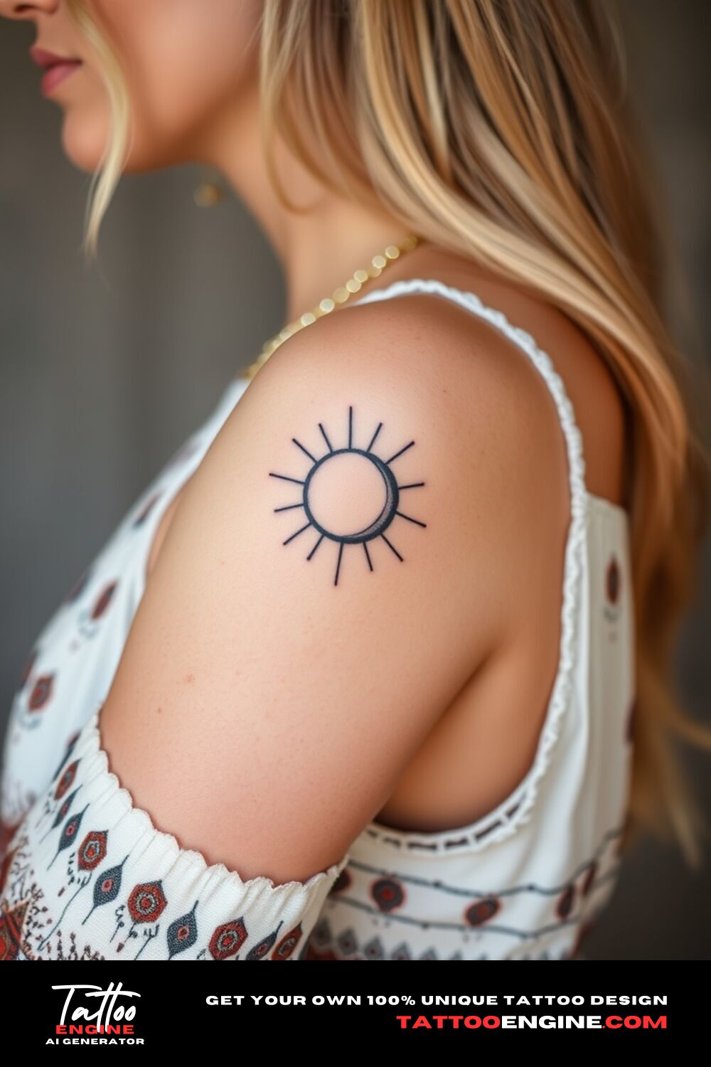 Minimalist sun and moon tattoo, on upper arm of a woman with a bohemian dress, side view, high quality, detailed